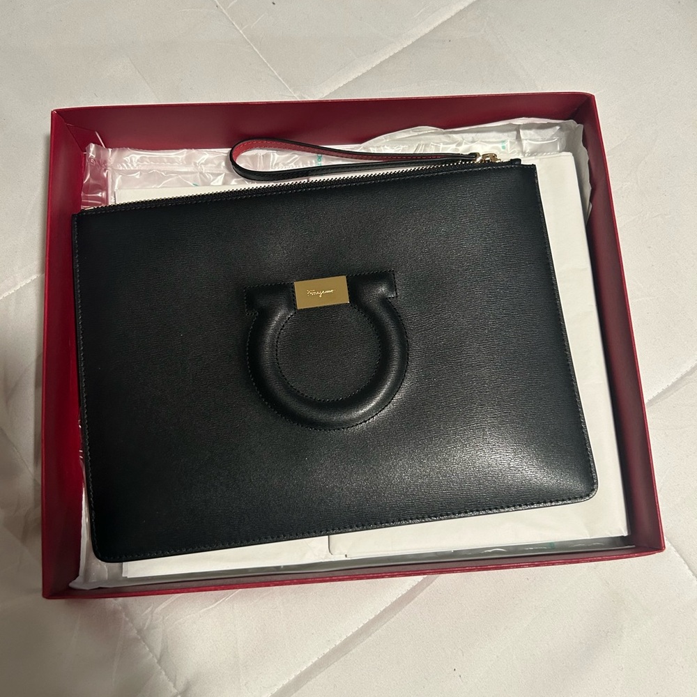 Salvatore Ferragamo Black Clutch- Red Interior with wristlet